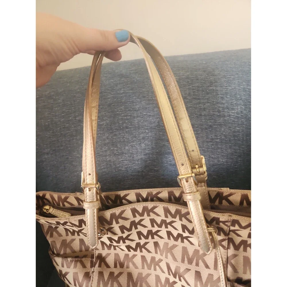 Michael Kors Jet Set Tote Brown Signature Print w/ Gold Leather Straps & Accents - Picture 4 of 11